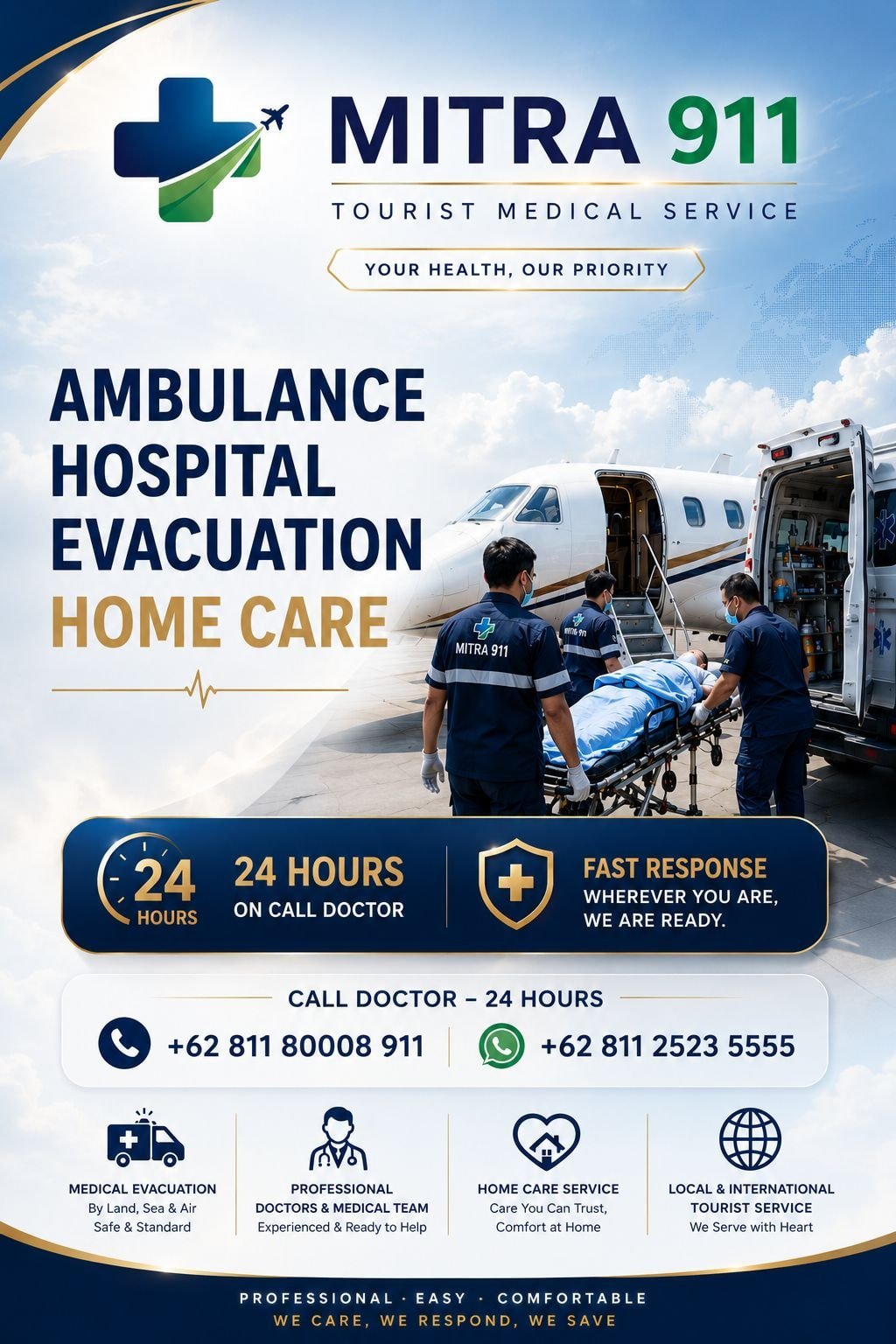 Mitra 911 service brochure: ambulance, hospital, evacuation and home care, on call 24 hours