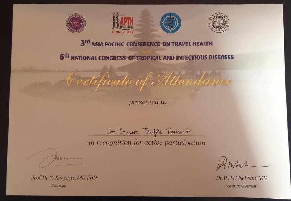 Certificate of attendance for the 3rd Asia-Pacific Conference on Travel Health and 6th National Congress of Tropical and Infectious Diseases, Bali 2000, presented to Dr. Irwan Taufik