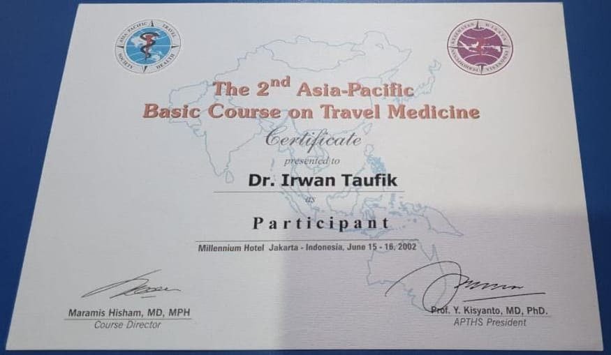Certificate for the 2nd Asia-Pacific Basic Course on Travel Medicine, Jakarta 2002, presented to Dr. Irwan Taufik