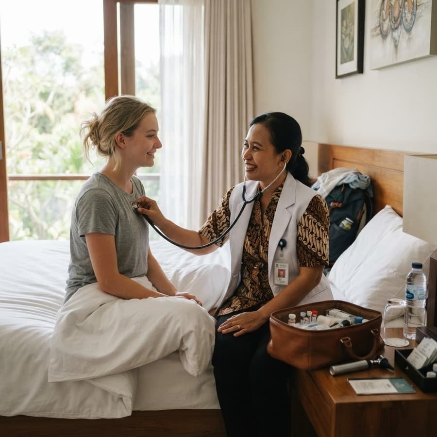 Mitra 911 doctor examining an international guest inside a hotel room in Yogyakarta