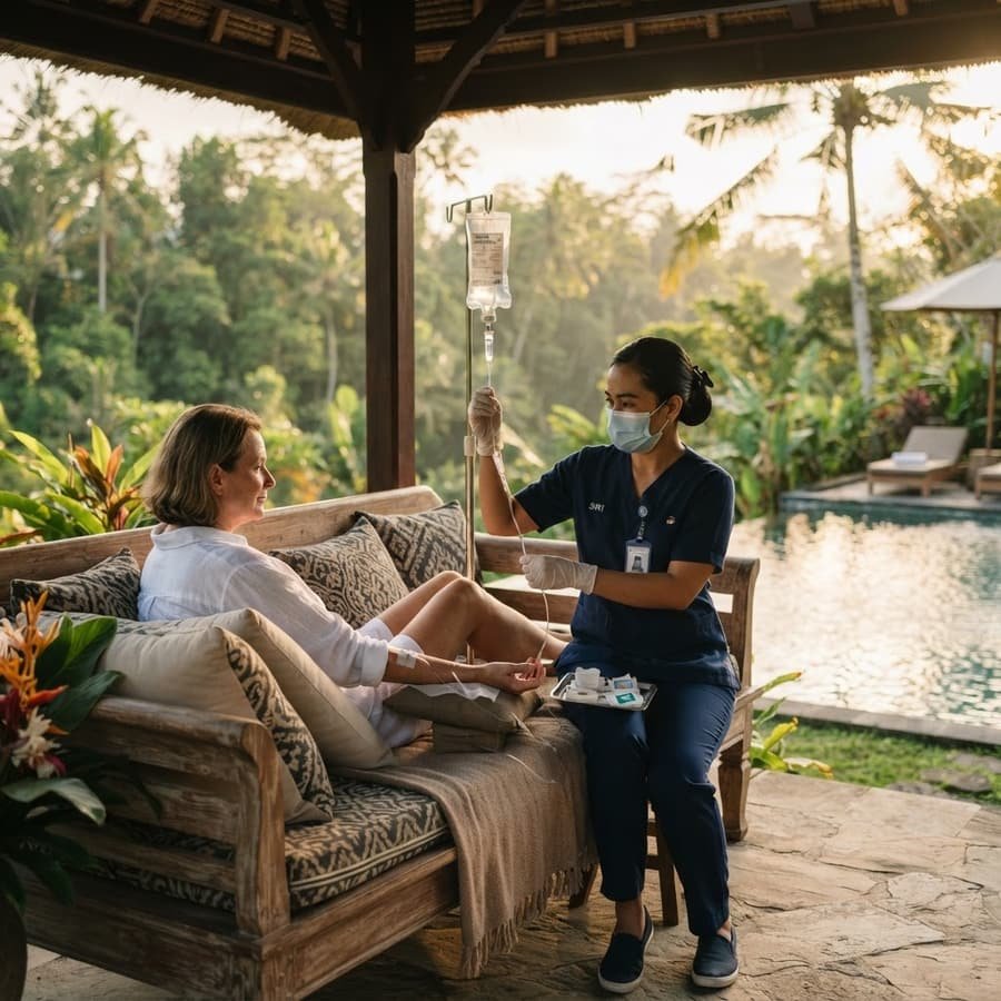 Mitra 911 nurse providing homecare treatment at a private villa in Yogyakarta